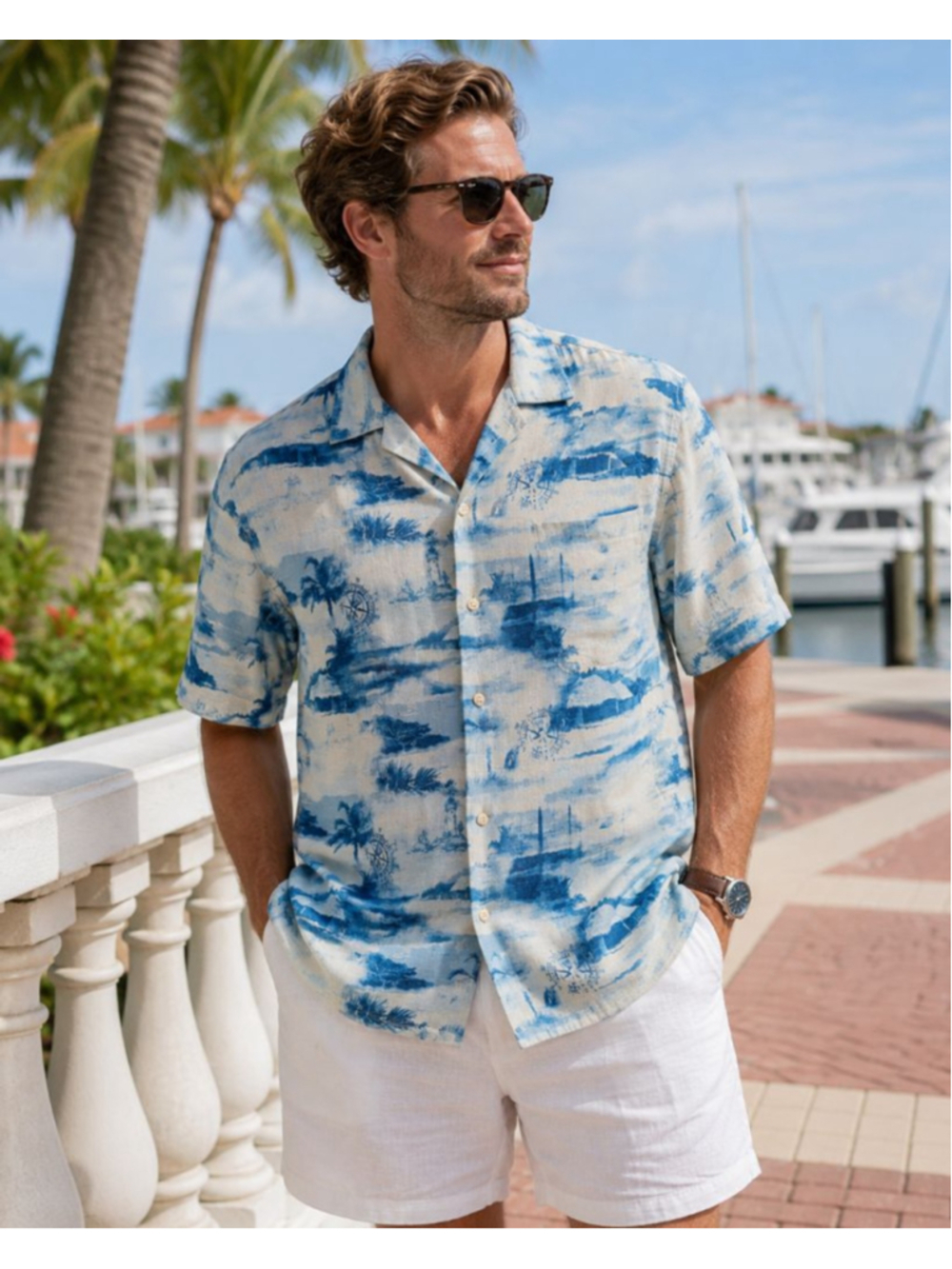 Margaritaville Silk Linen Hawaiian Shirt XL Blue Island Print Camp Shirt Resort